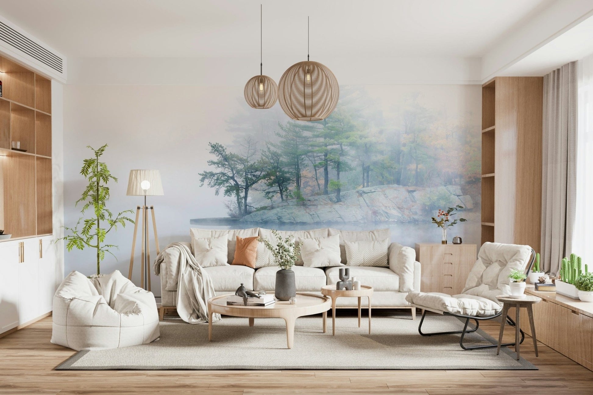 Fading trees into mist, pale light photography, unique Misty Lake Serenity Woodland piece.