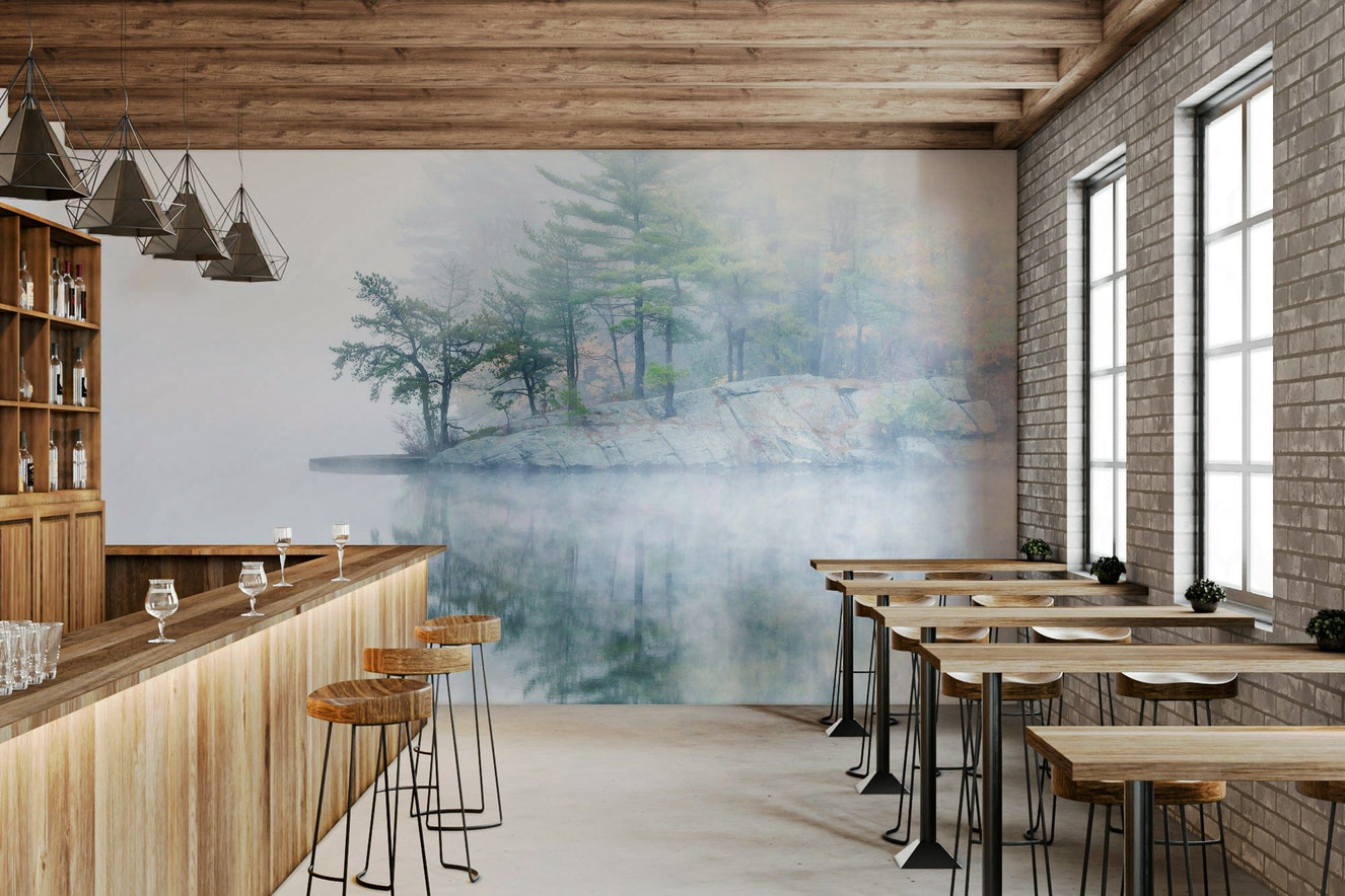 Misty Lake Serenity Woodland mural, soft ethereal fog, calming nature art.