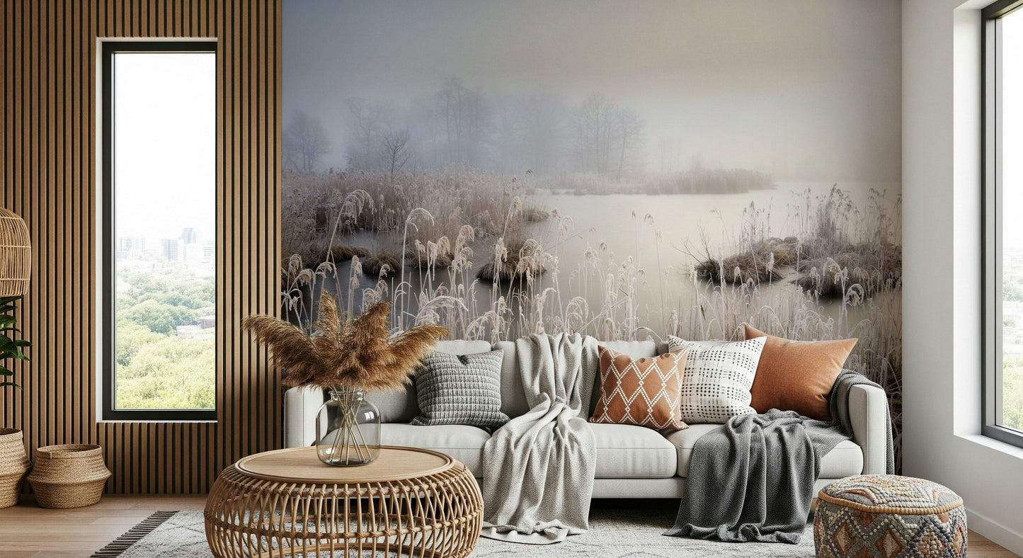 Winter wonderland wallpaper: Frosted reeds by a lake, hazy, peaceful ambiance.