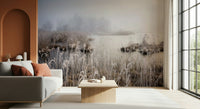 Frosted Dawn wallpaper for walls: Delicate hoarfrost on grasses, calm water surface.