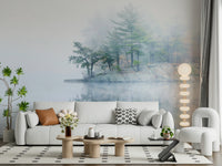 Rocky shore, soft diffused light, beautiful Misty Lake Serenity Woodland wall decor.