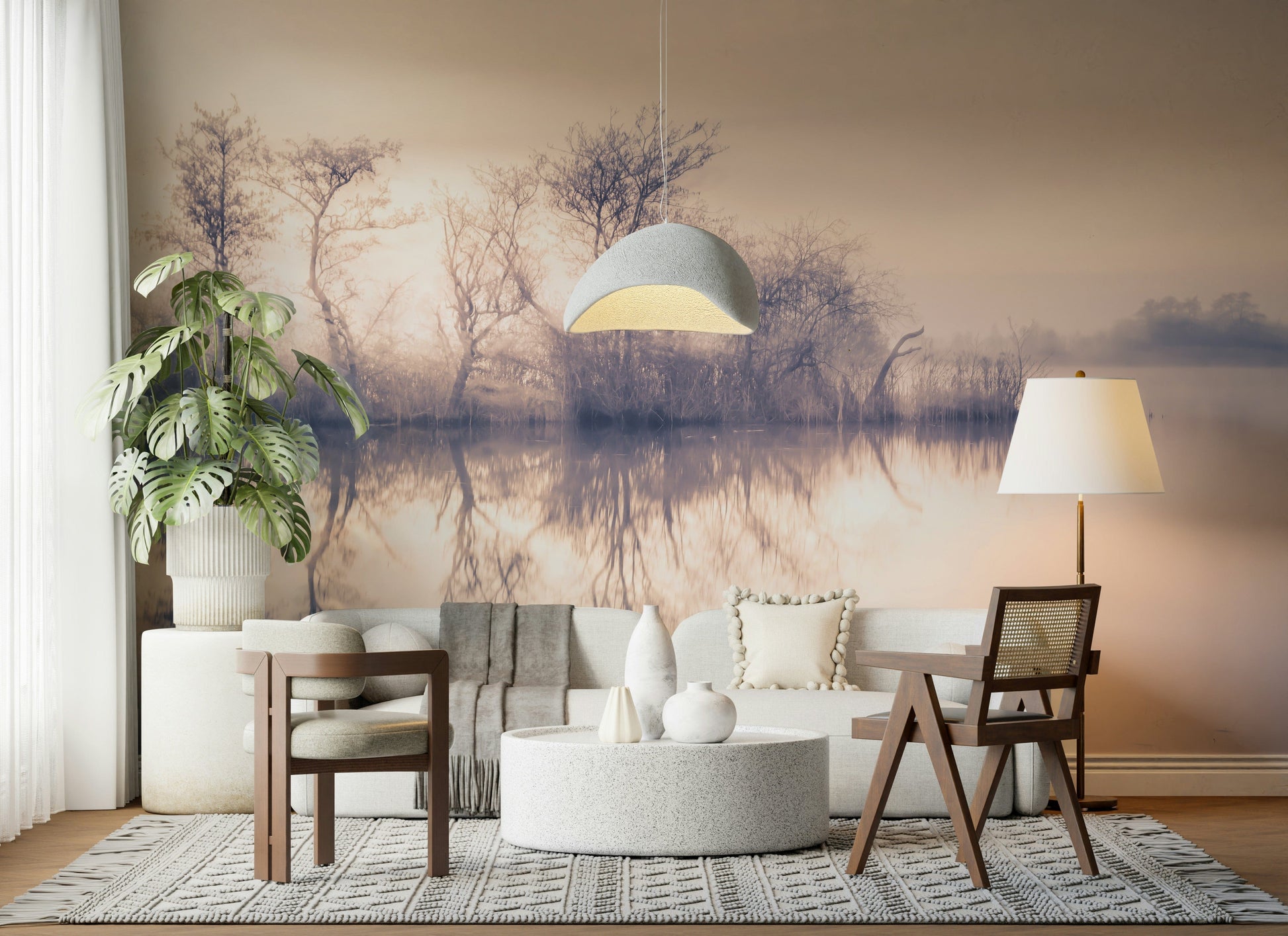Misty waterside scene mural, product name Serene Reflections.