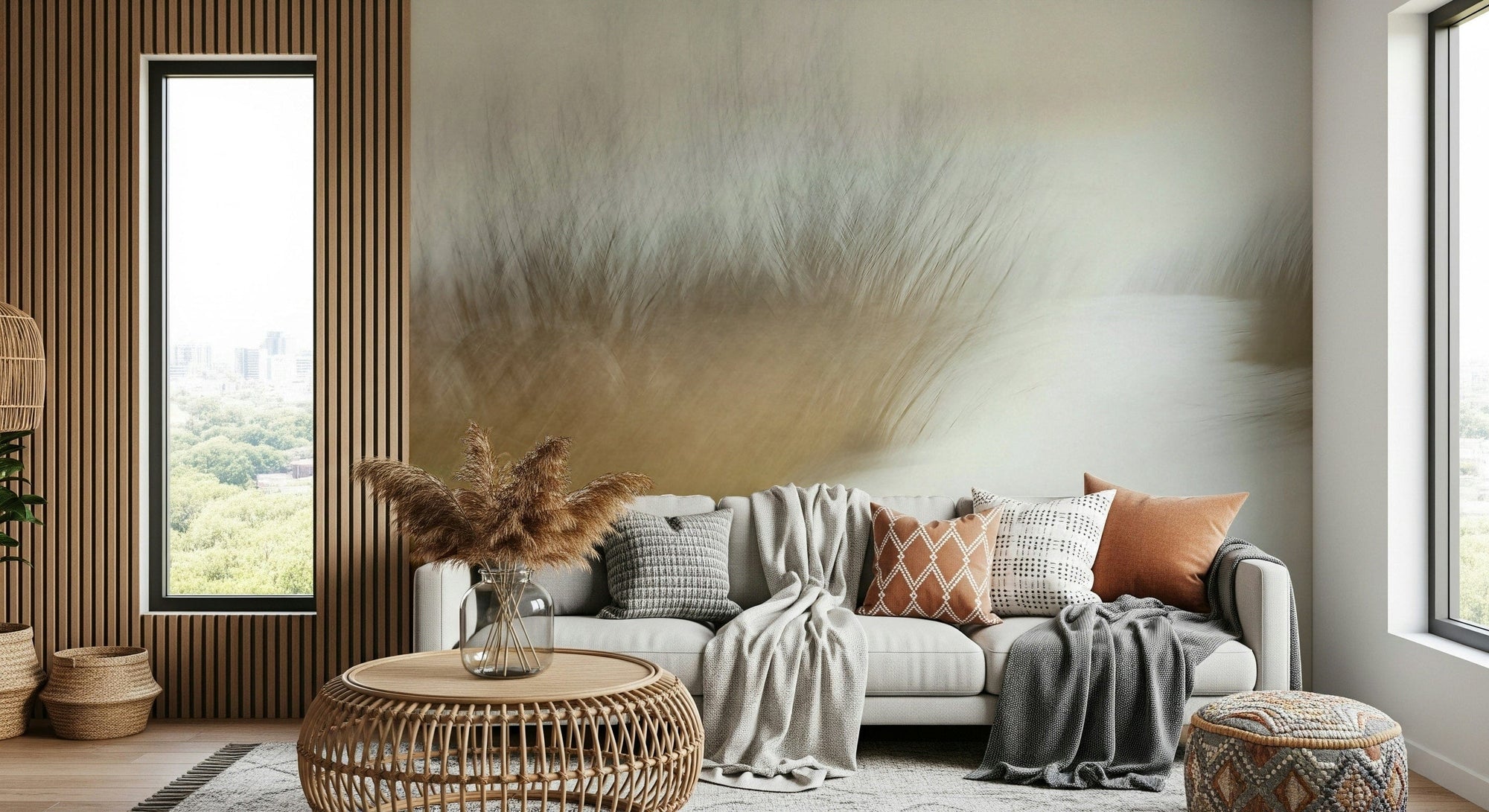 Blurred Horizon wallpaper mural of windswept tan grasses behind a cream sofa by a wood-slat wall and window