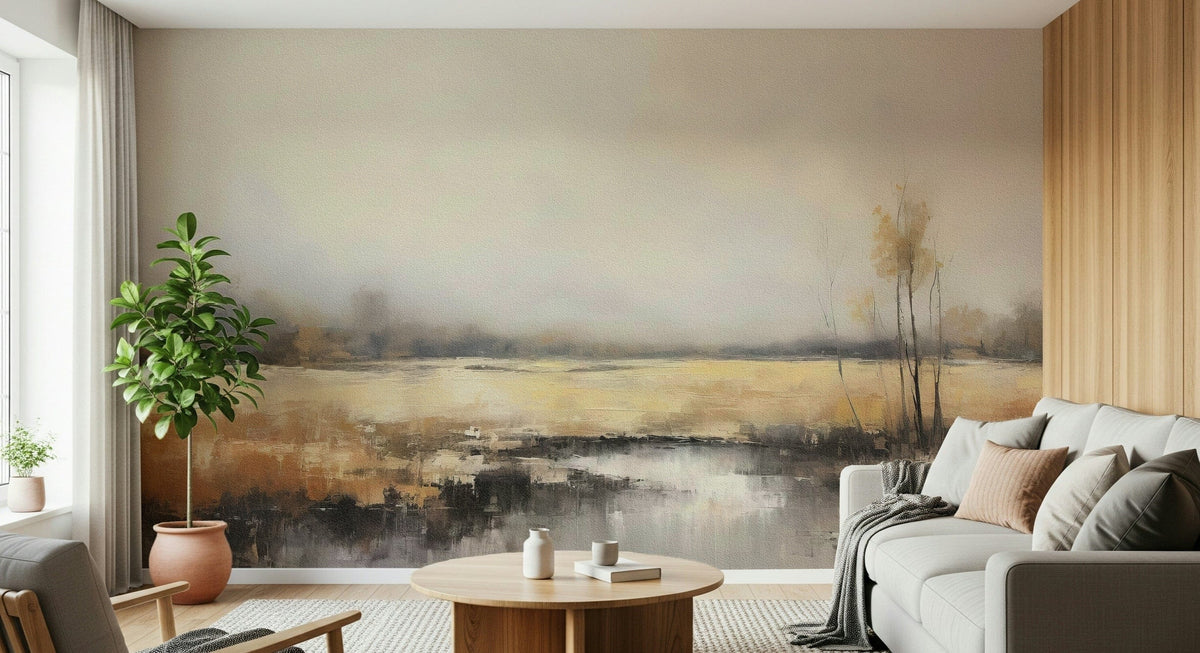 Golden Marsh Serenity wallpaper mural in amber and grey behind a white sofa and round wood table in a living room
