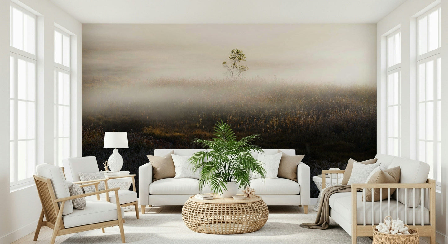 Symmetrical fog layers of Misty Dawn Meadow mural.