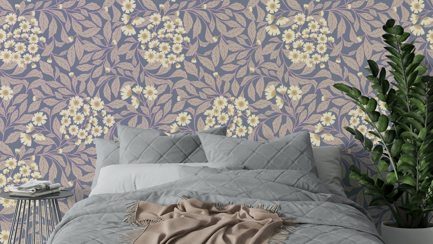 The image shows a field of soft grass and flowers in a fog.

