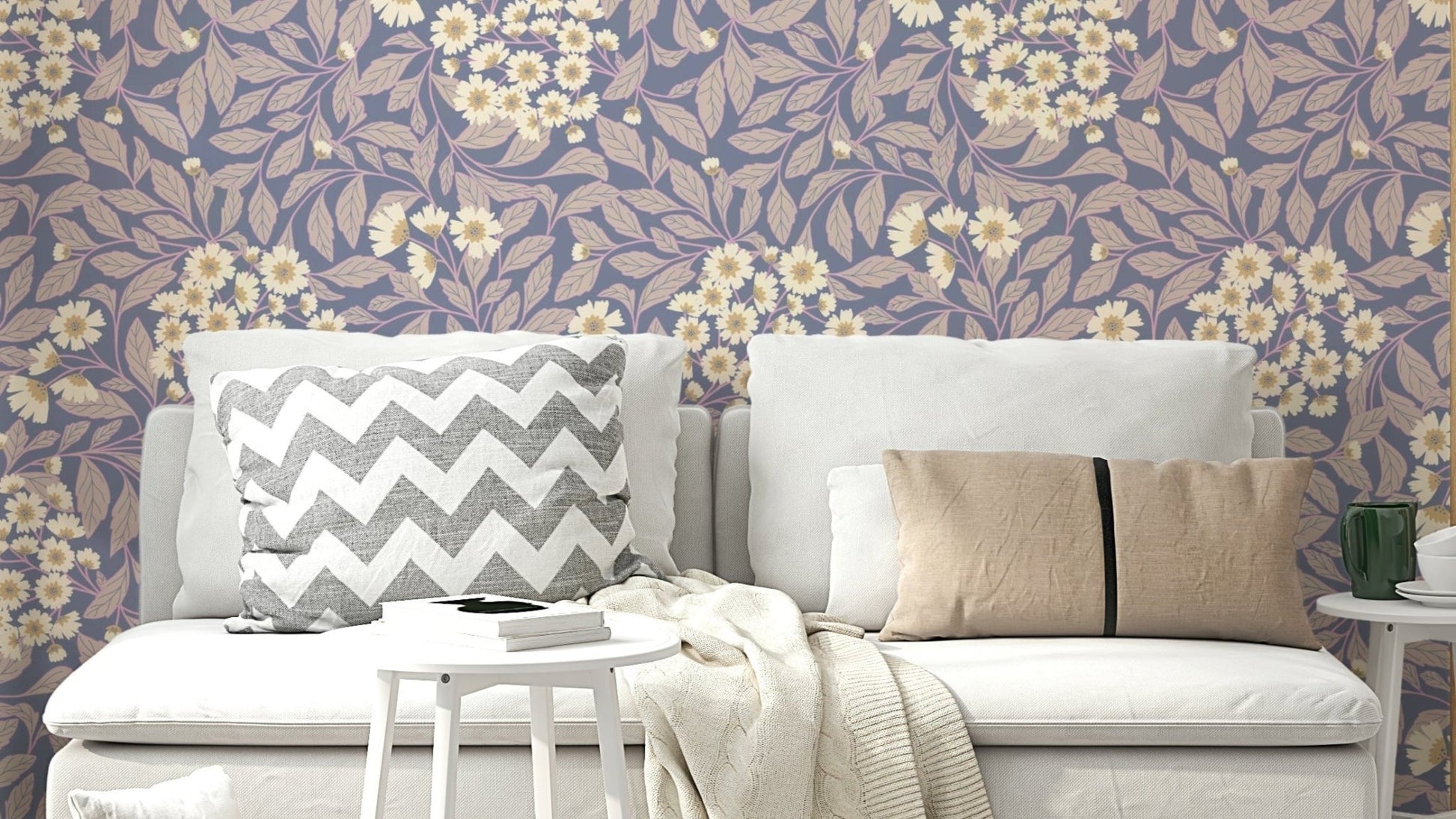 A wall mural of a misty meadow scene.

