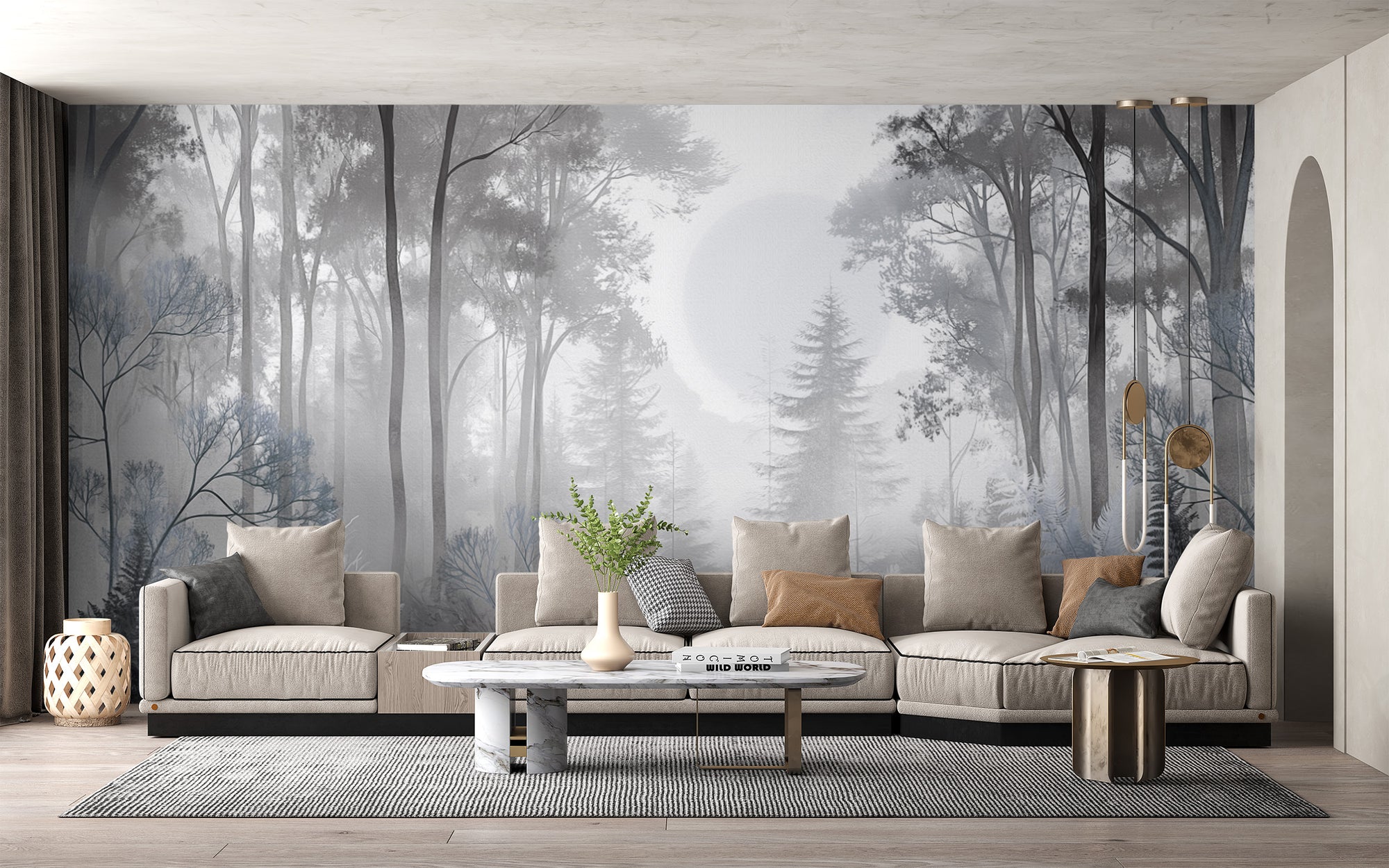 Misty Monochrome Forest wall mural in grey tones with tall trees behind a long beige sectional sofa in a living room