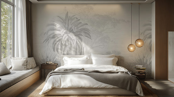 Misty forest wall mural with lush foliage
