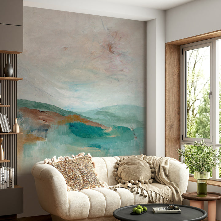 Serene mountain landscape mural with misty colors

