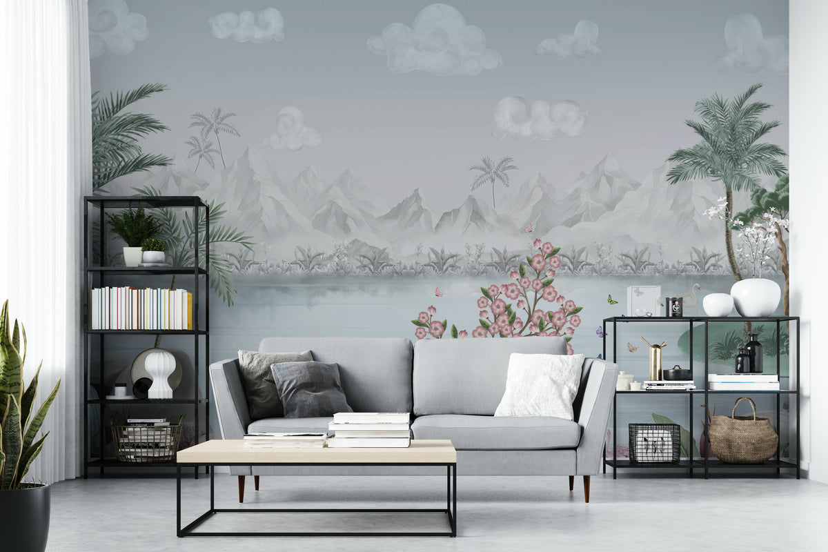 Misty Mountain Lake Escape wall mural behind a gray sofa flanked by black shelving in a living room