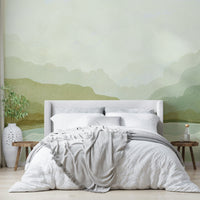 Atmospheric mountain mural with soft fog and peaks

