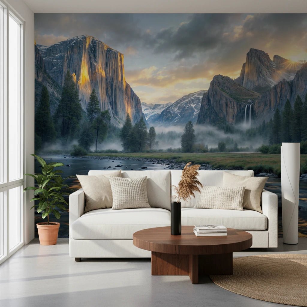 Misty Peaks Panorama wallpaper mural of a sunset mountain valley and river behind a white sofa and walnut table in a living room
