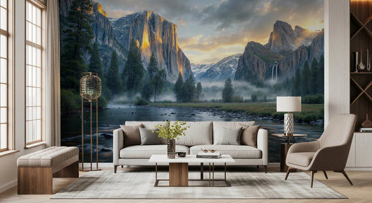 Misty Peaks Panorama wallpaper mural with golden cliffs and a misty river behind a beige sofa and gold lamp in a living room