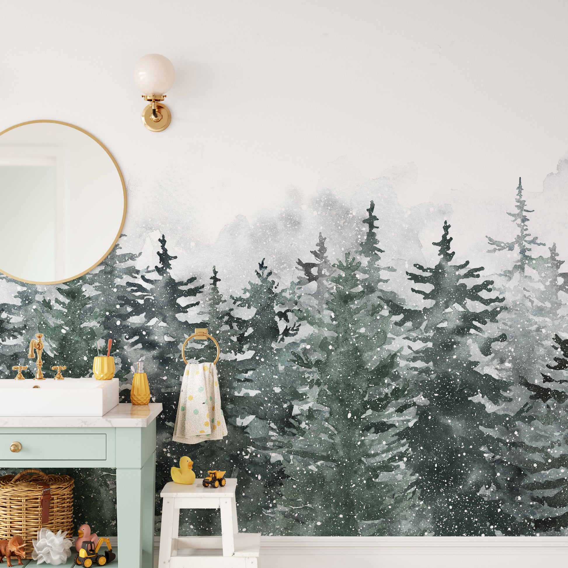 Misty Pine Winter Forest Wallpaper Mural - Giffywalls