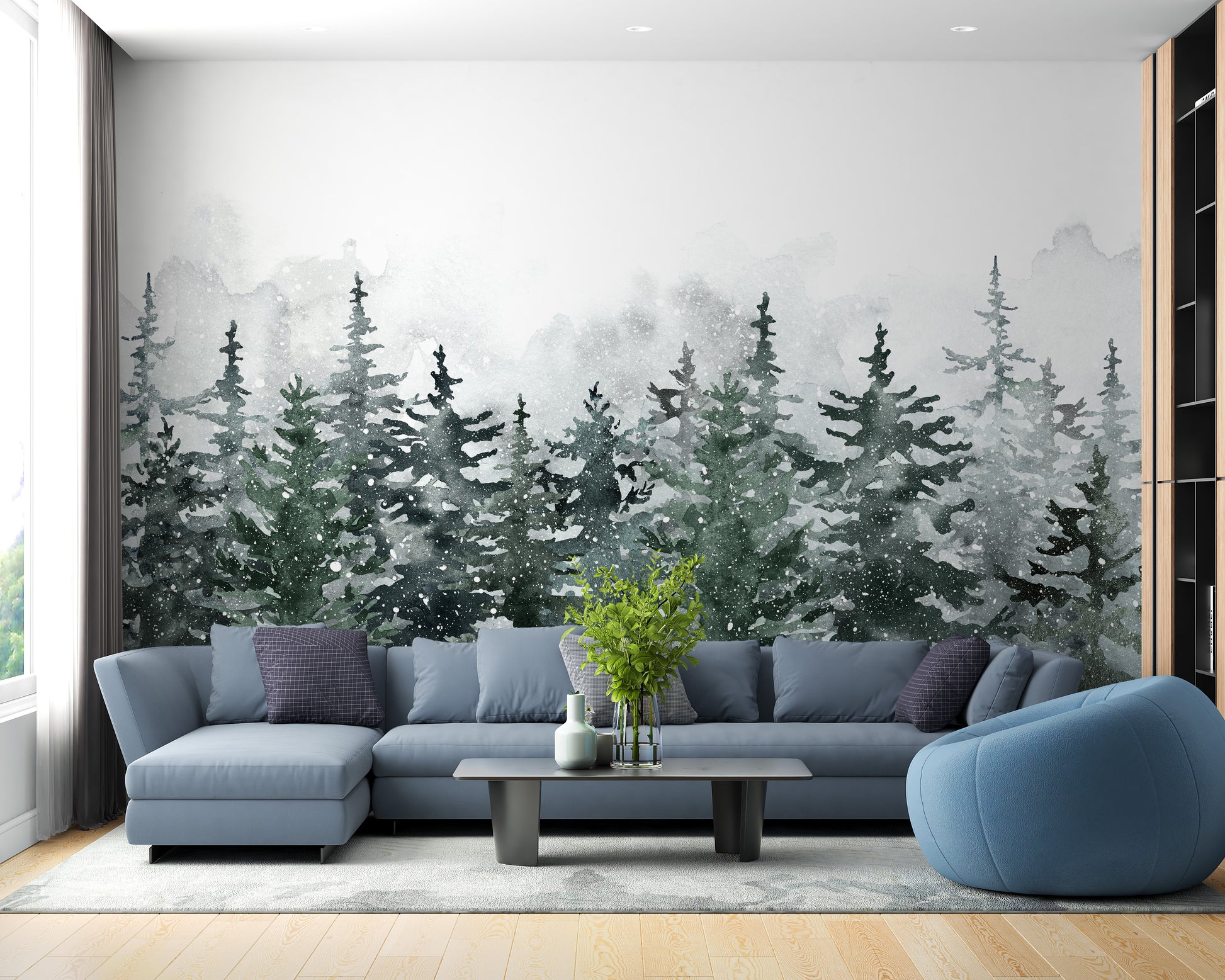 Misty Pine Winter Forest Wallpaper Mural - Giffywalls