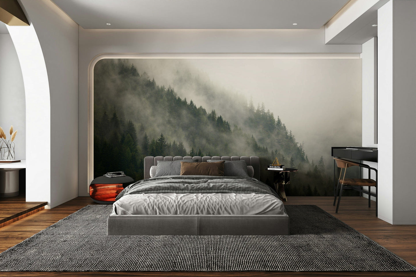 A beautiful wide-angle wall mural of a pine forest.

