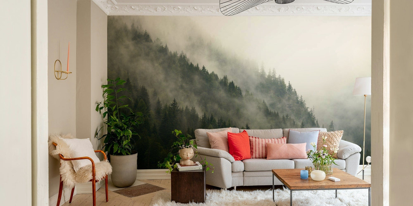 A beautiful serene pine forest wallpaper mural with mist.

