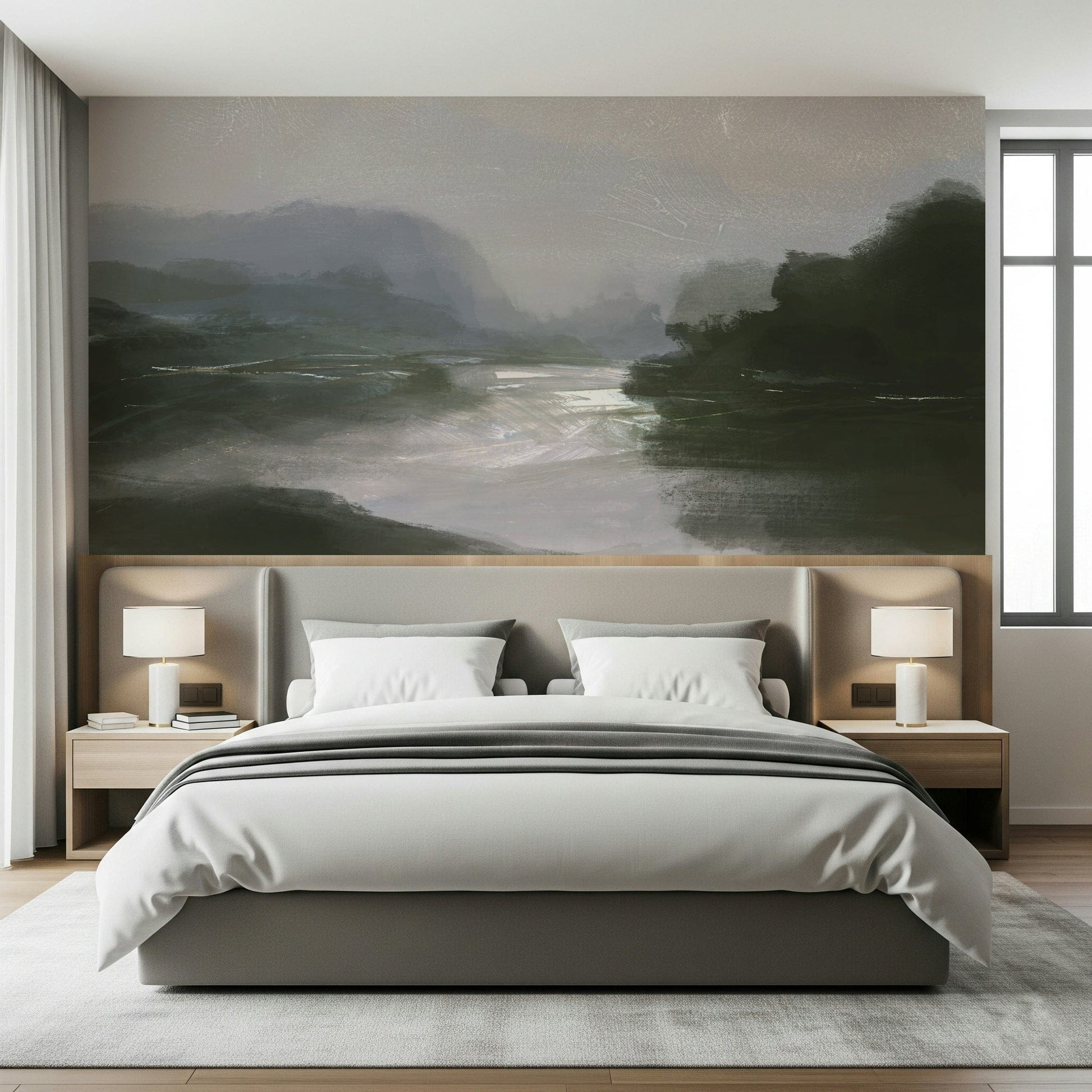 A beautiful wide-angle wall mural of a hazy river.