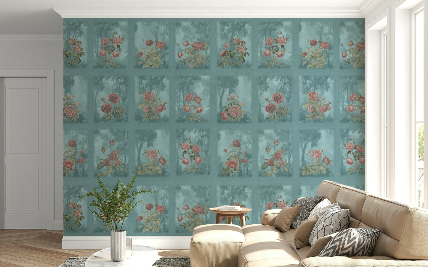 Large floral wall decor for a modern apartment master bedroom suite.