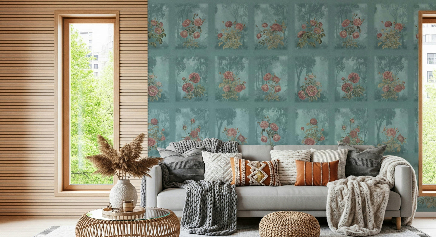 Artistic rose wall art for a bathroom with modern brass fixtures.