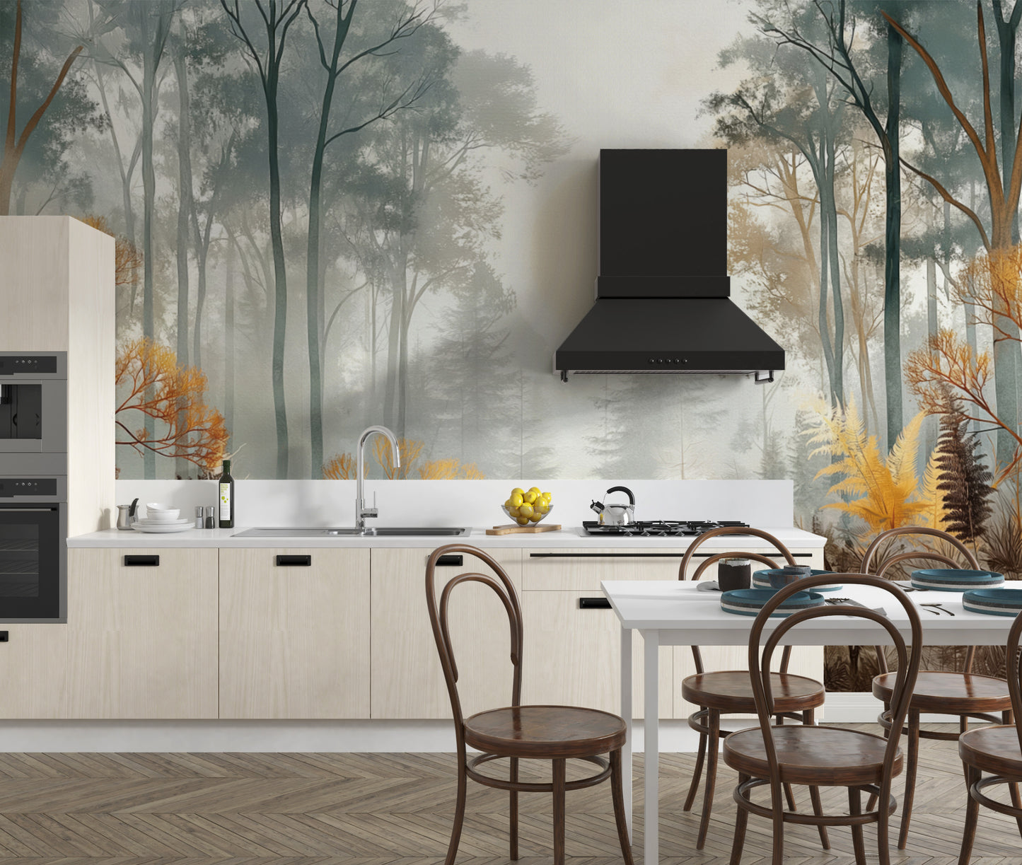 Sumuinen auringonpaisteinen metsä -seinämaalaus