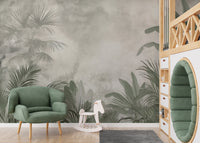 Dense tropical jungle wall mural with exotic plants
