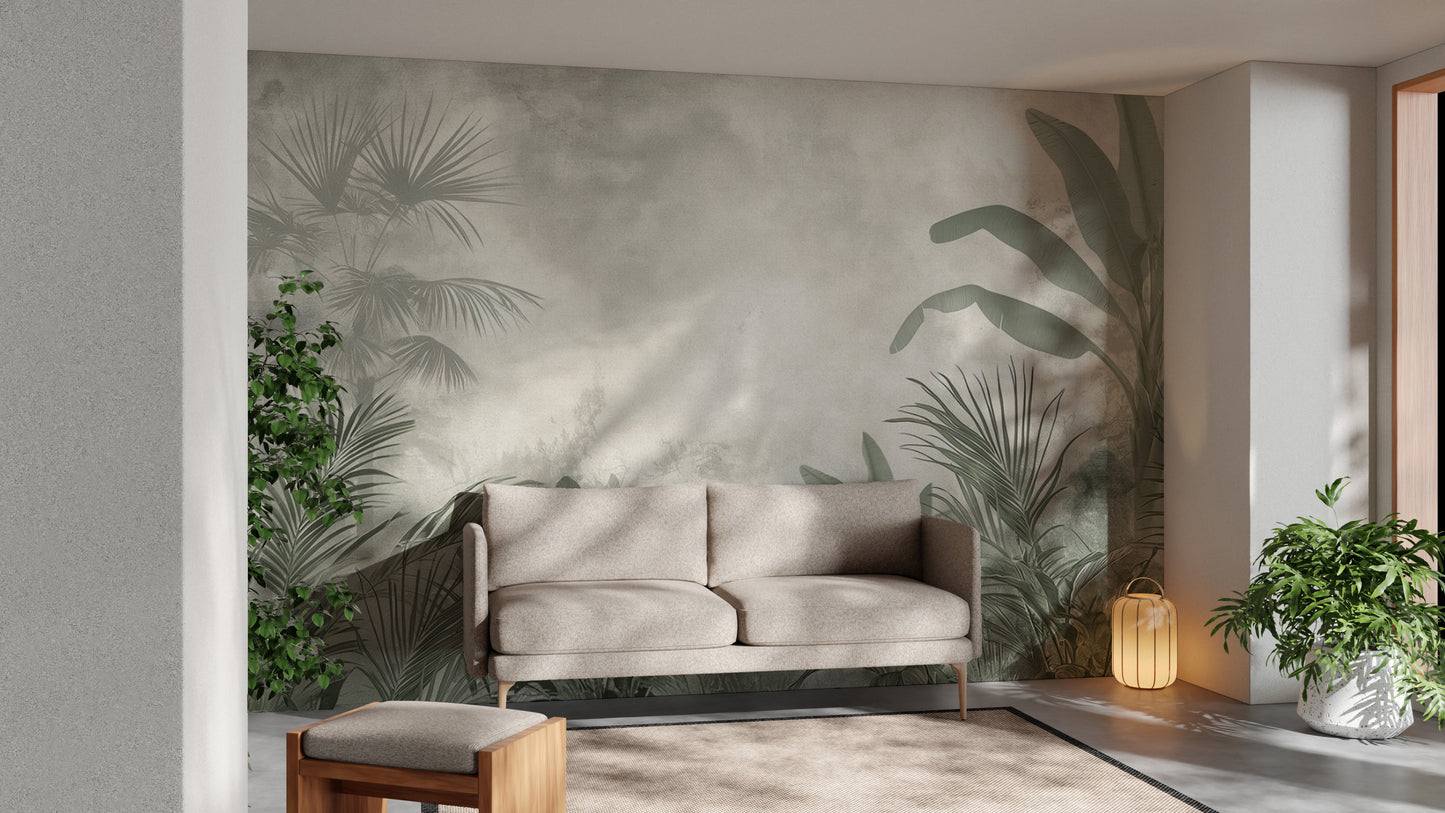 Serene nature-inspired wall mural with misty effect
