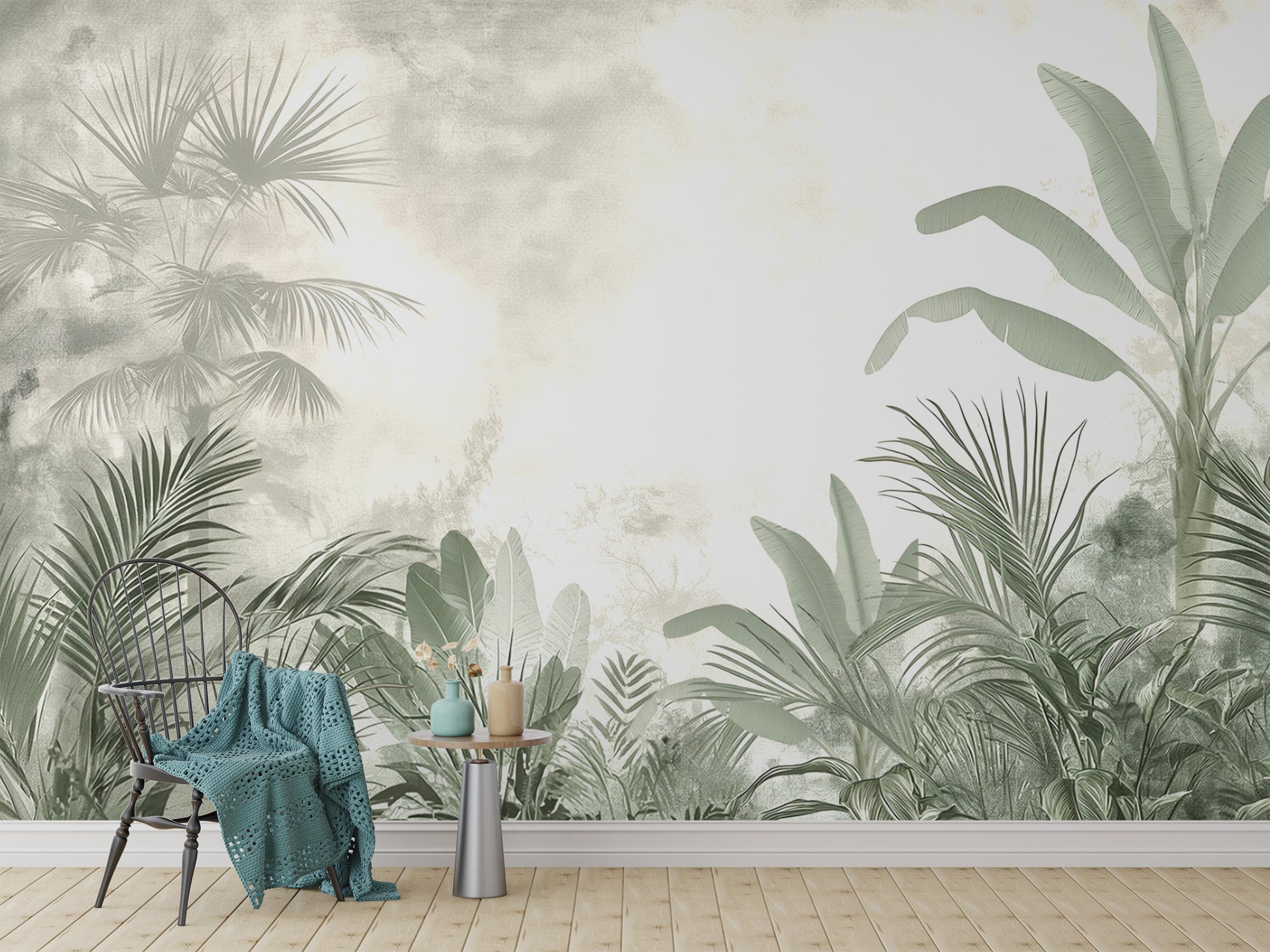 Banana leaves wall mural with a misty backdrop
