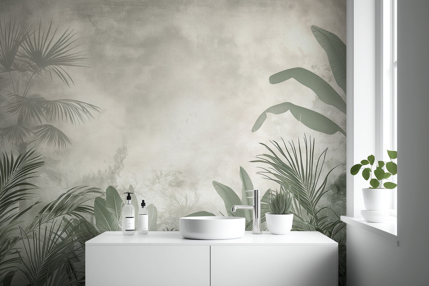 Exotic palm wallpaper mural in soft green tones
