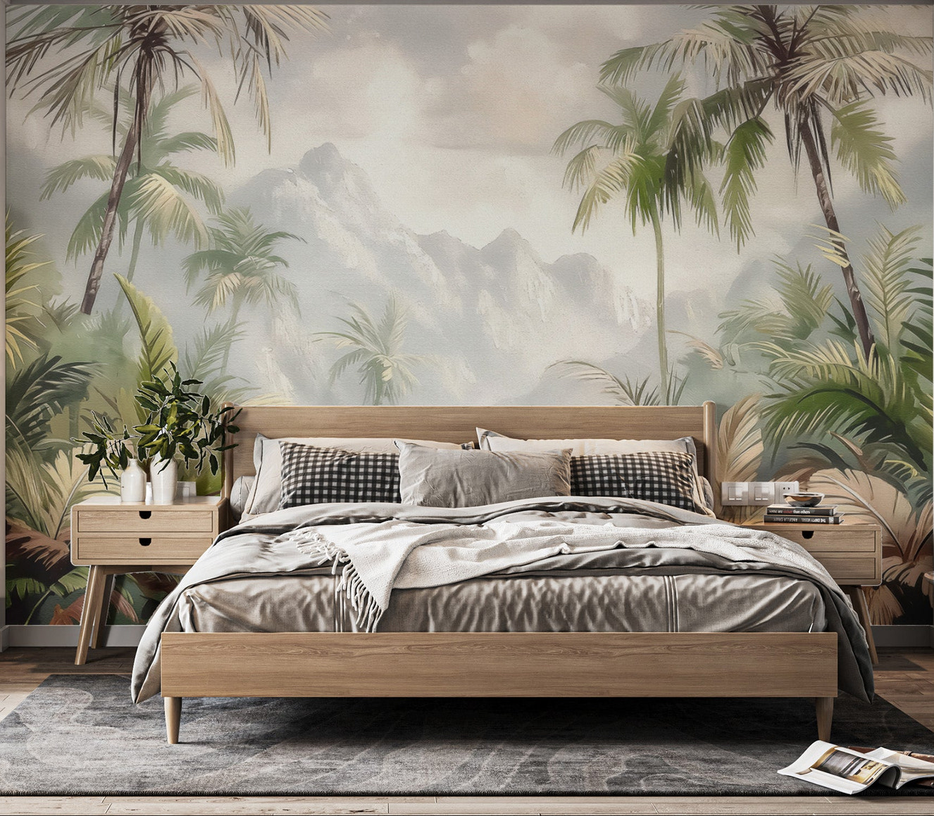 Dense green foliage and misty mountain wallpaper mural
