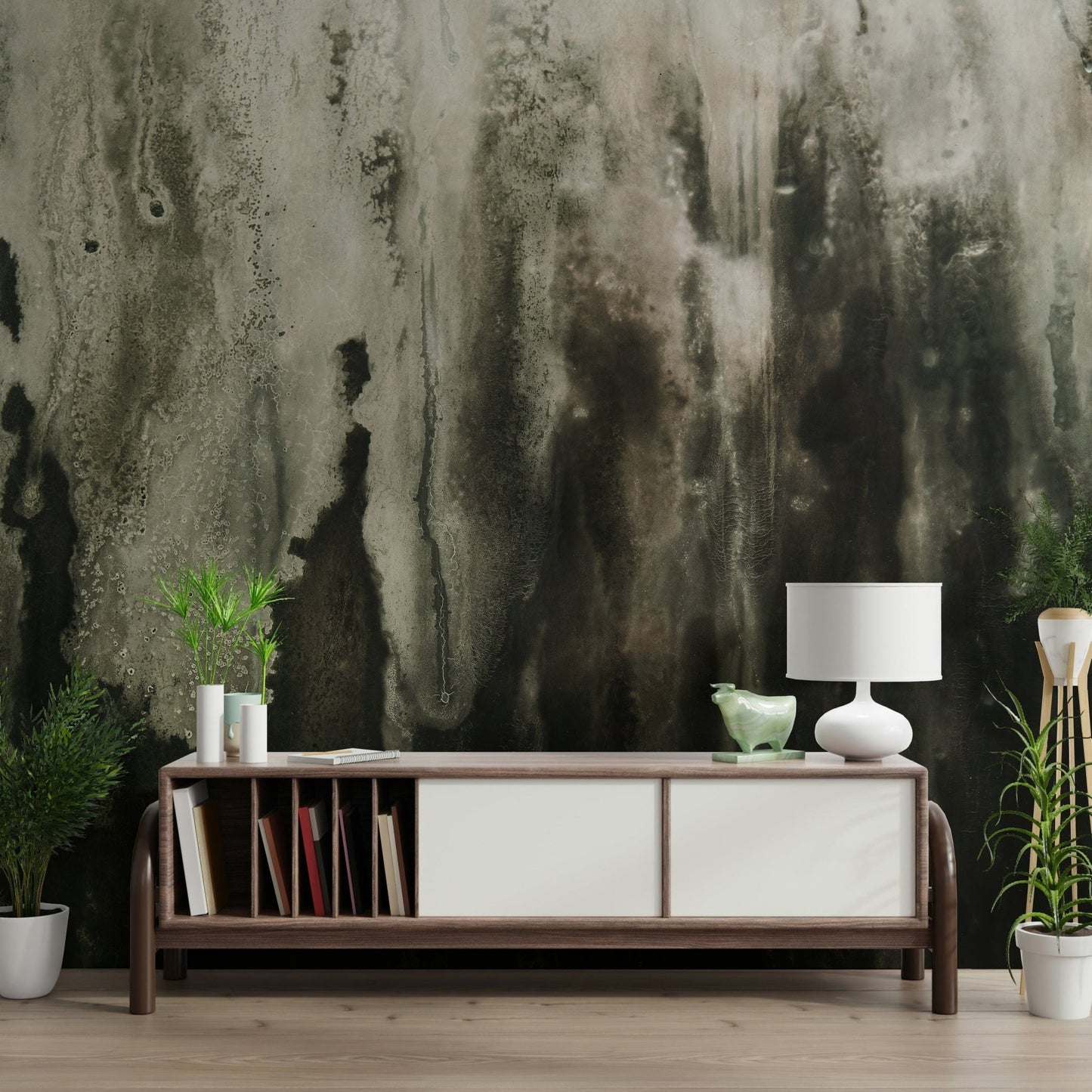 Waterfall and mist wall mural creating a soothing, serene ambiance with realistic water textures.