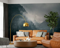 Wall mural, ethereal fog, somber woodland, steep slopes, nature scenery.