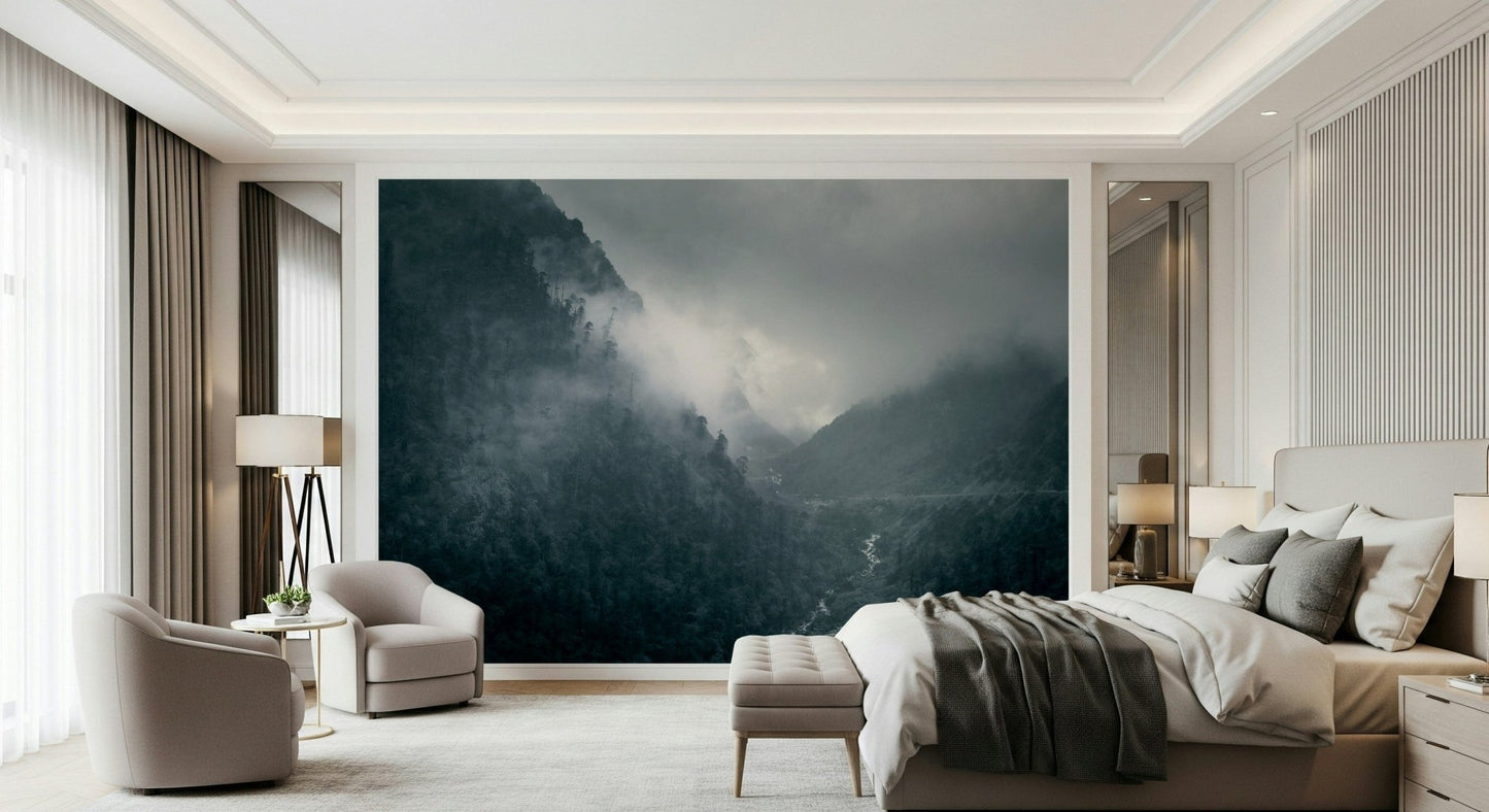 Sullen mountain sides, drifting fog, Misty Woodland Cascade, immersive feeling.