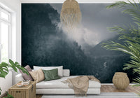 Misty Woodland Cascade mural, dense firs, chilling mist, monochromatic mountain art.
