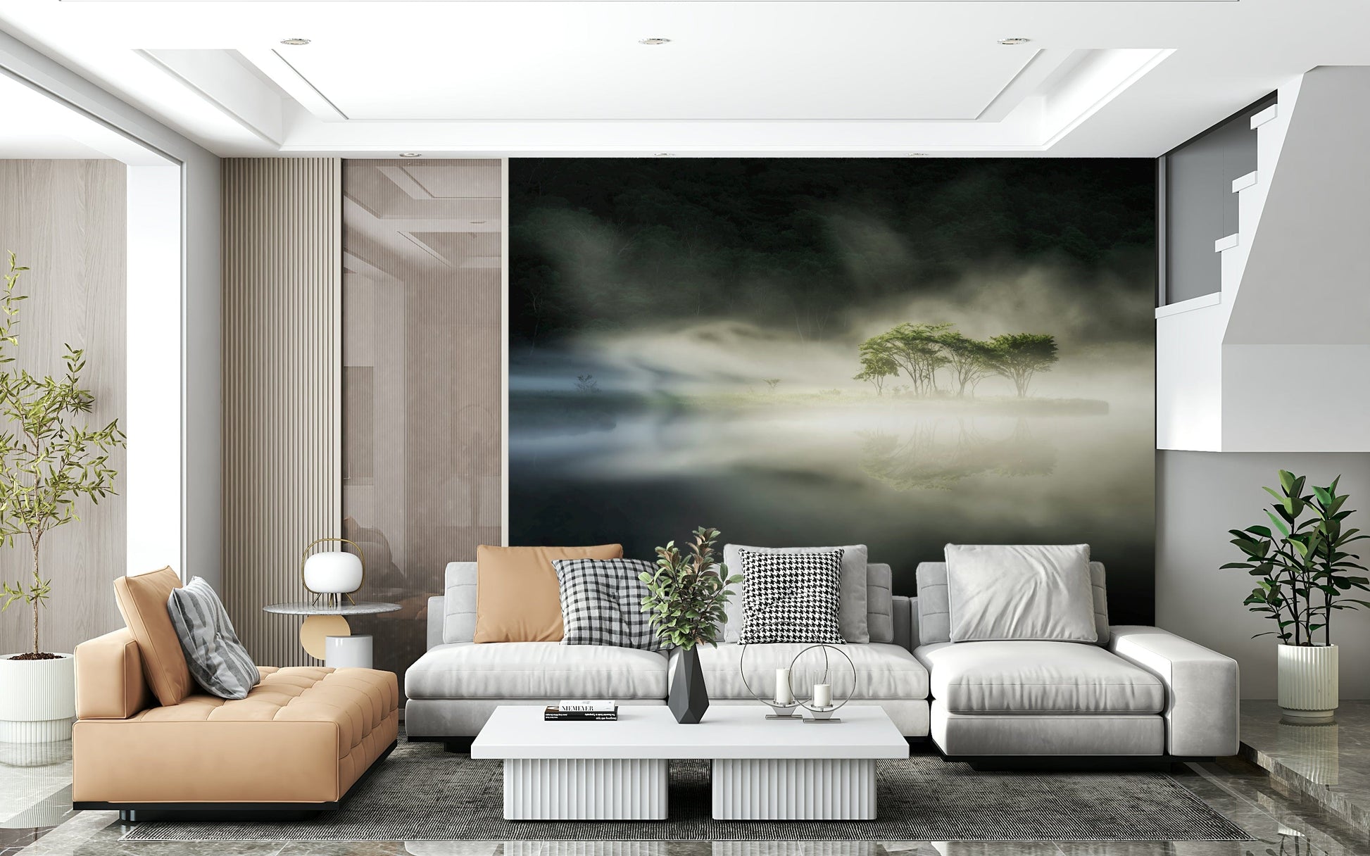 Monochrome Woodland Veil print, soft fog swirling around illuminated foliage.