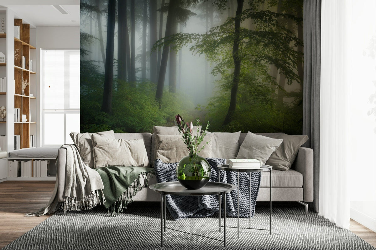 Misty forest wall mural transforms modern living room