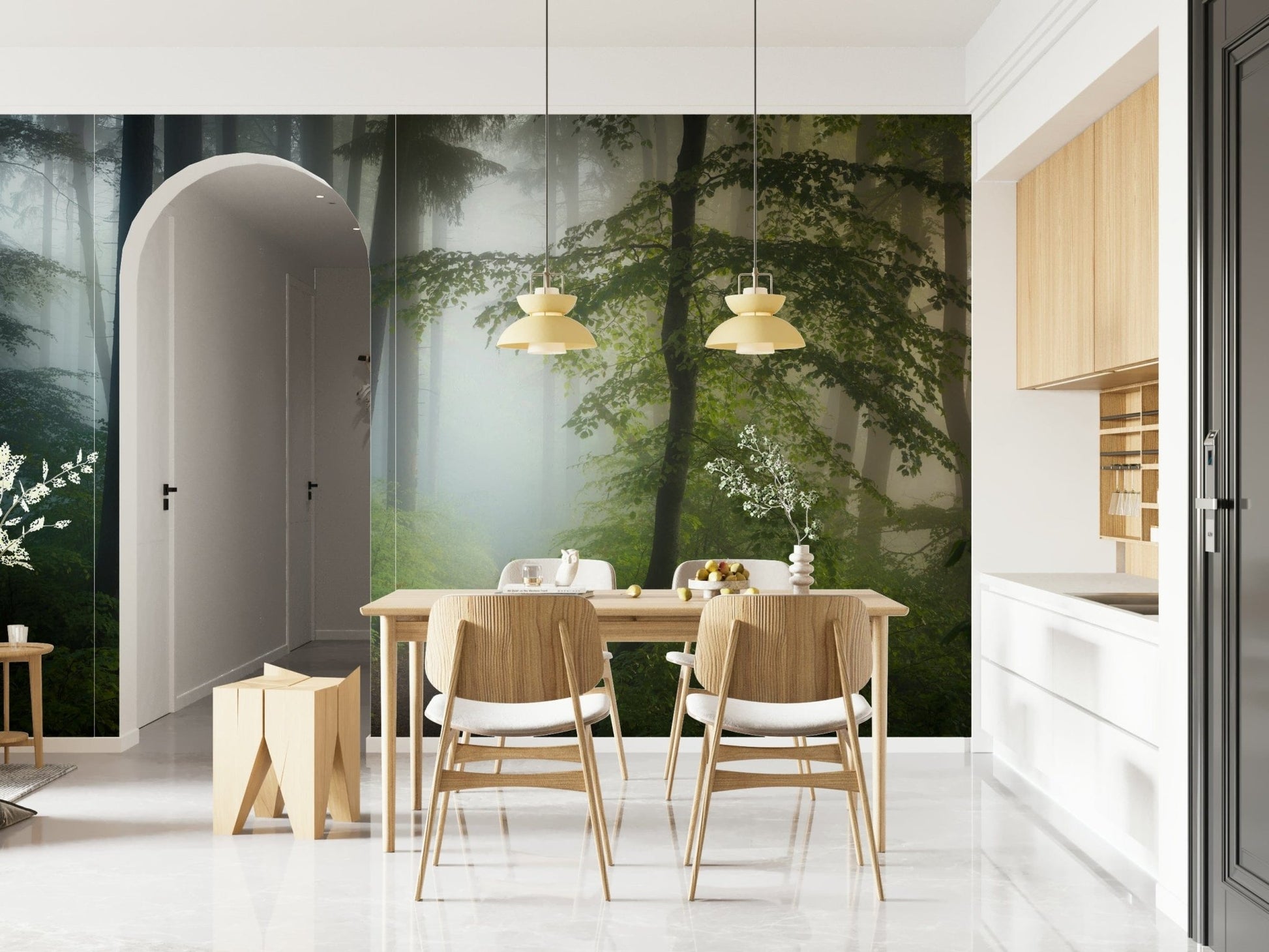 Woodland mist wall mural complements dining room style