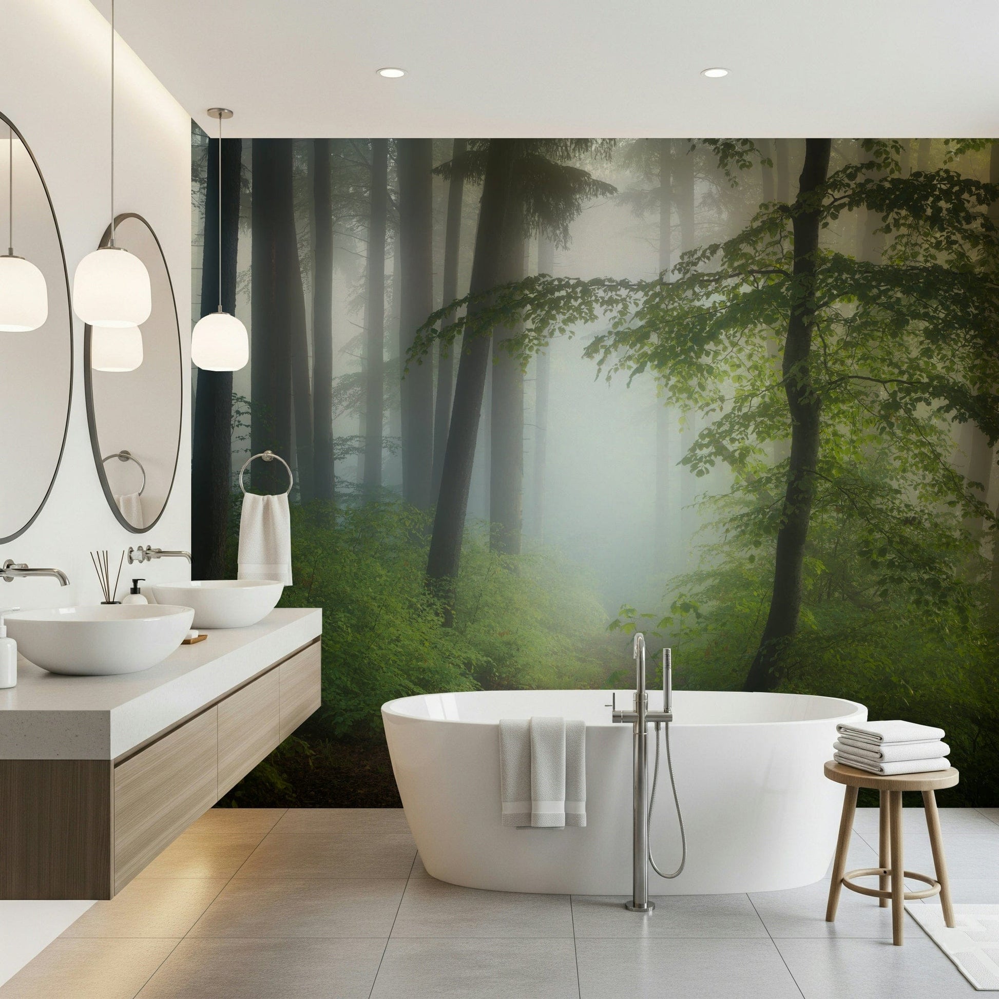 Enchanting Misty Woods display, atmospheric fog covered forest decorative mural.