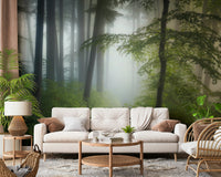 Serene Misty Woods Escape print, soft light magical forest wallcovering.