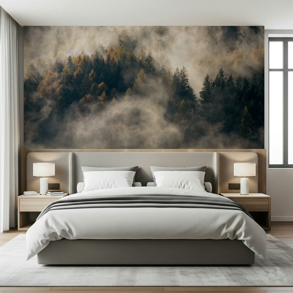 Hazy forest landscape for Misty Woods Serenity wallpaper.
