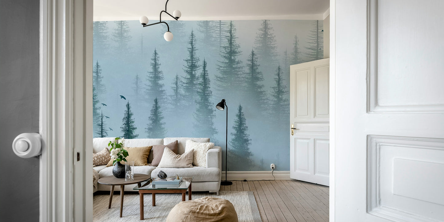 Misty forest wall mural in neutral tones
