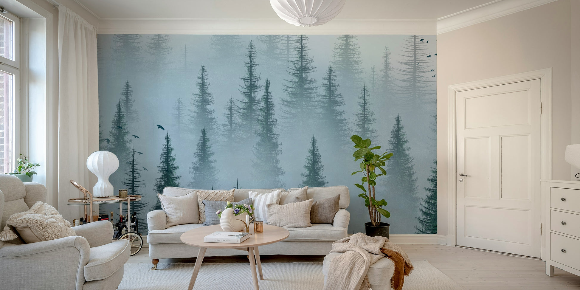 Foggy tree wallpaper for peaceful interiors
