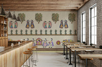 Cultural Indian wall mural with hand-drawn details