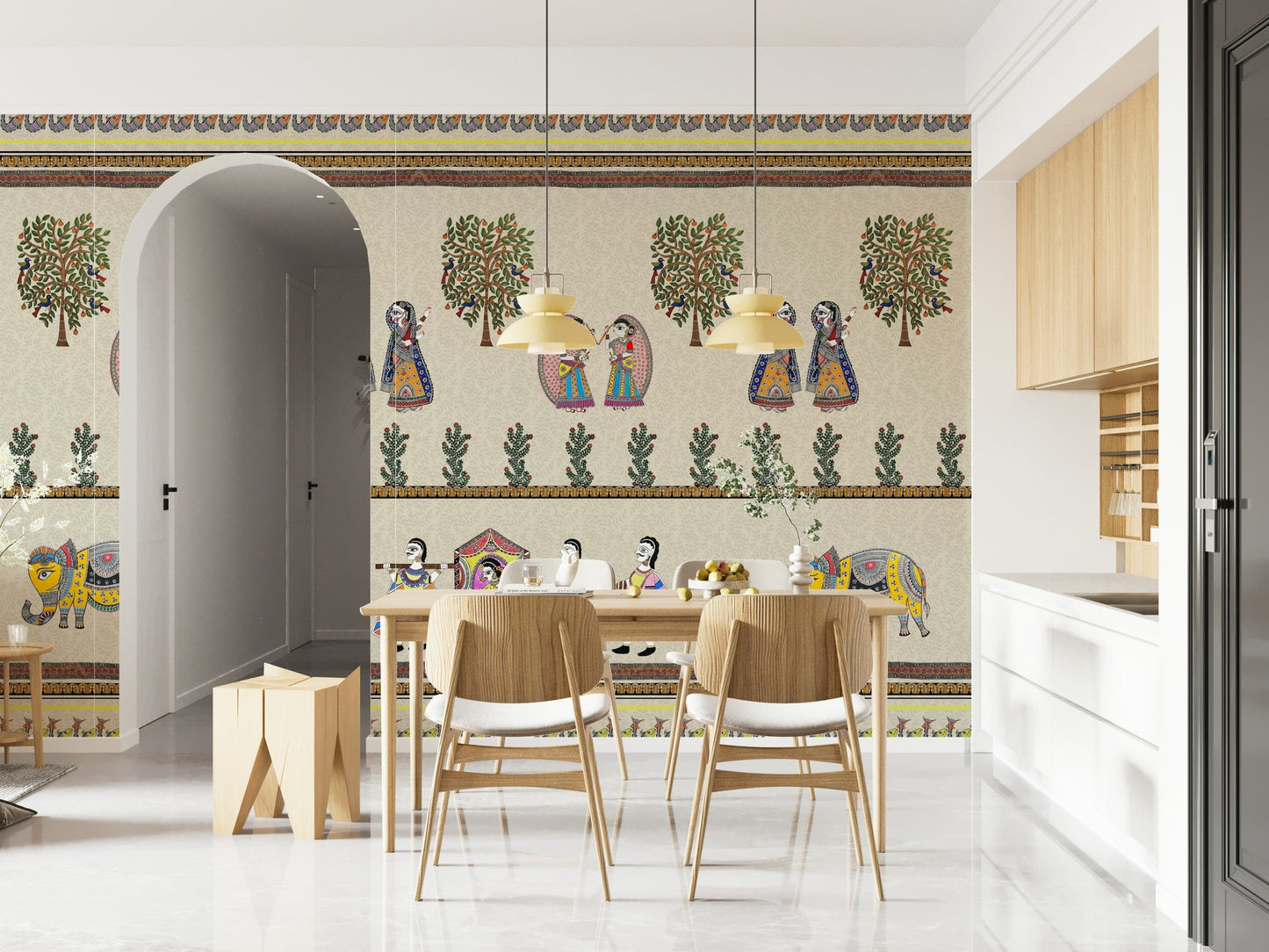 Hand-illustrated Mithila art wall mural in earthy colors