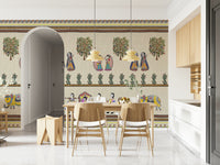 Hand-illustrated Mithila art wall mural in earthy colors