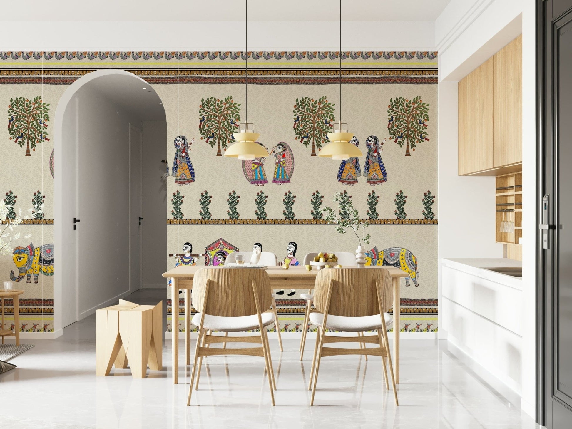 Hand-illustrated Mithila art wall mural in earthy colors