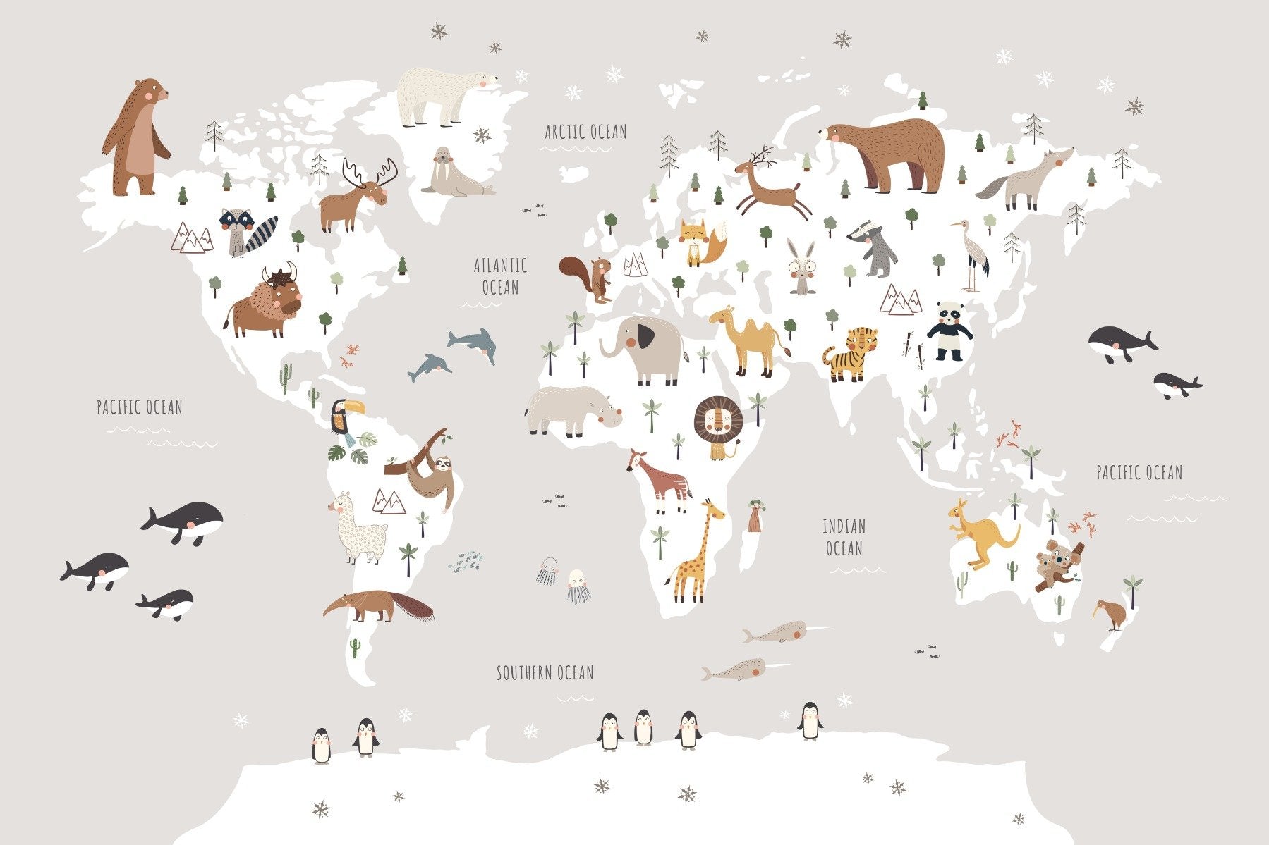 Animaux gris cartographier du papier peint mural