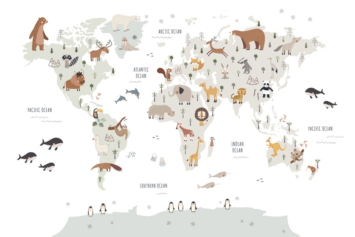 White Animals Map Wallpaper Mural in your room — zoomed