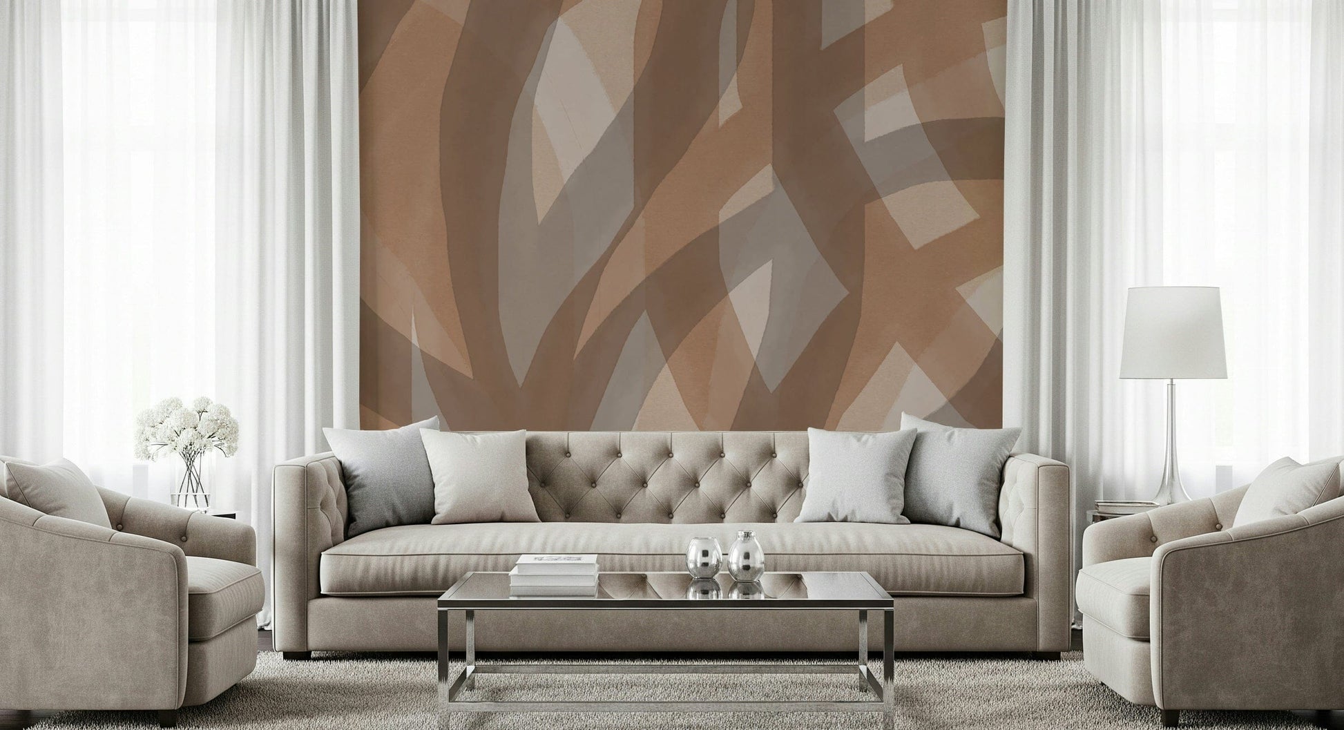 A calming modern design wallpaper mural that defines a space.

